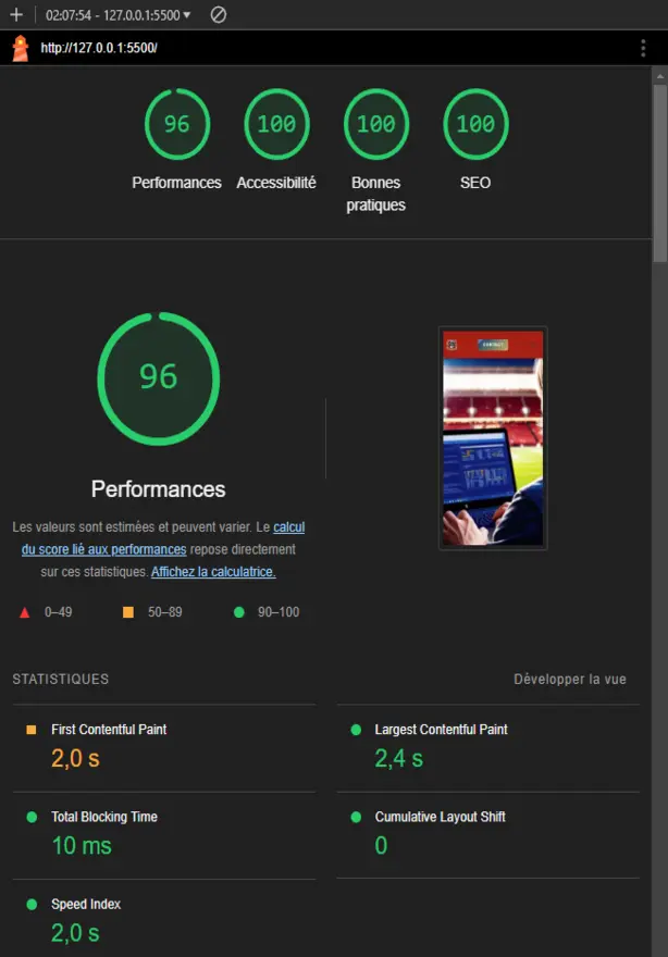 Score Lighthouse Mobile du site Kevin-vincent.fr